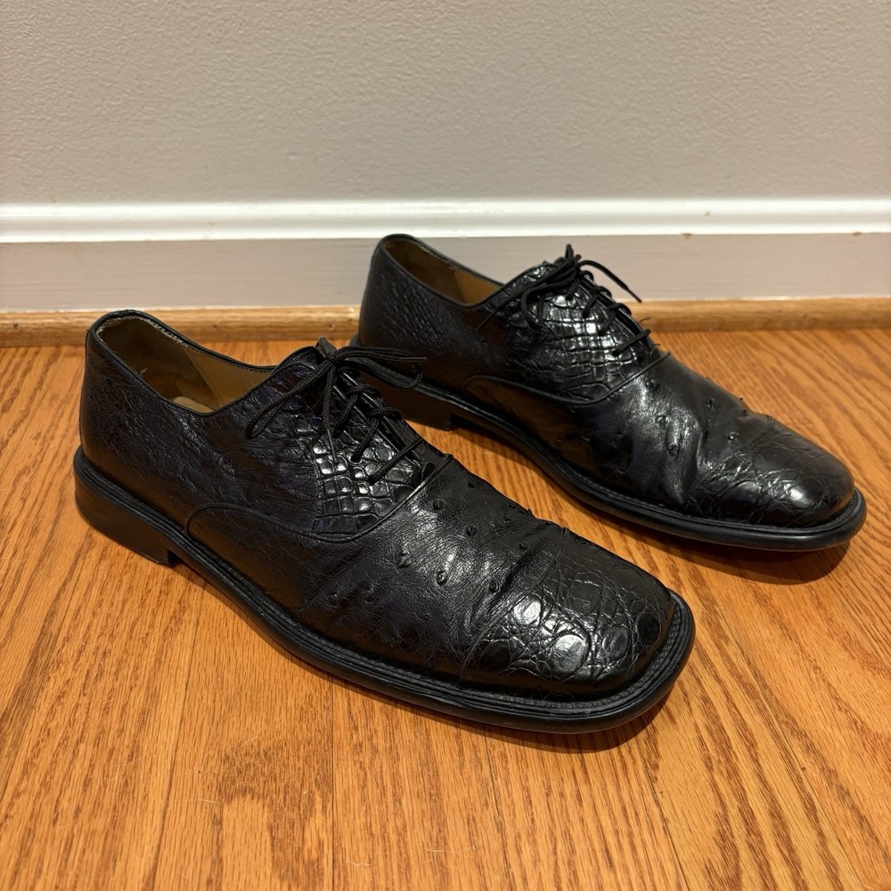 Mezlan Men's Genuine Crocodile Lace-Up Dress Shoes Sz 10.5 Black Square Toe